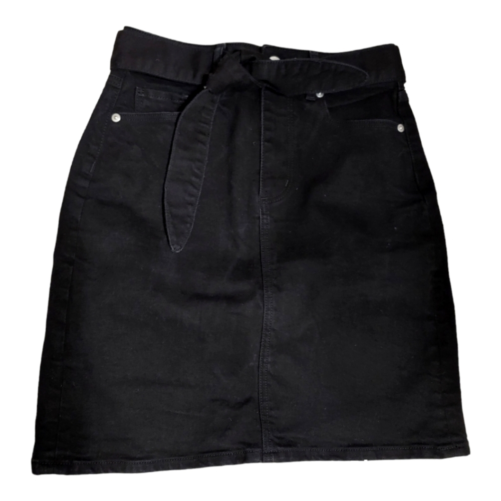 Loft Black Denim Belted High Waisted Jean Skirt Size 00p 98% Cotton